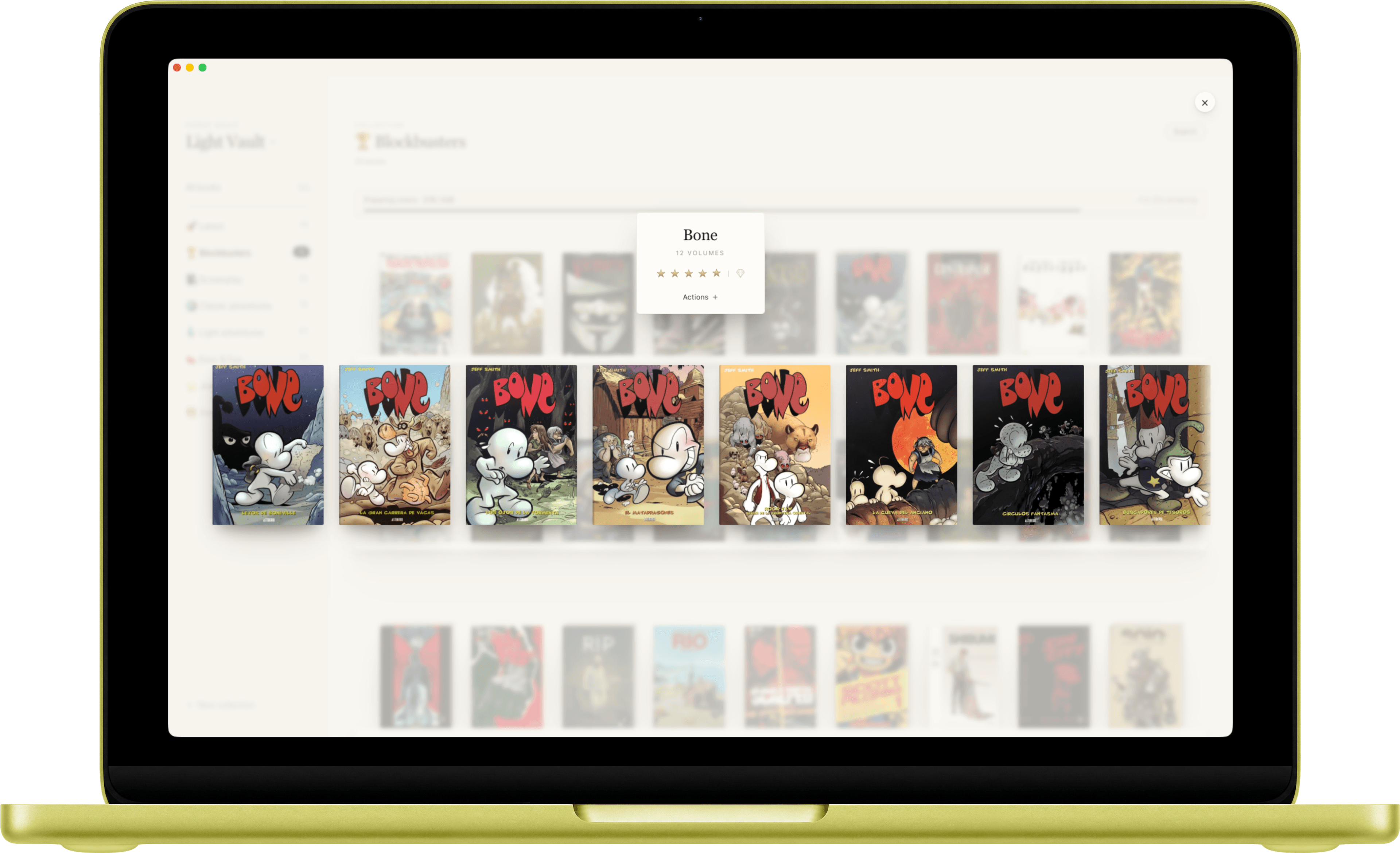 Shelf Republic on a tablet, showing a full-size cover detail of Beowulf in the Dark Adventures collection